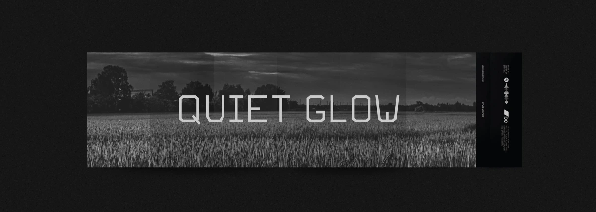 Quiet Glow title over black and white wheat field and sky photo