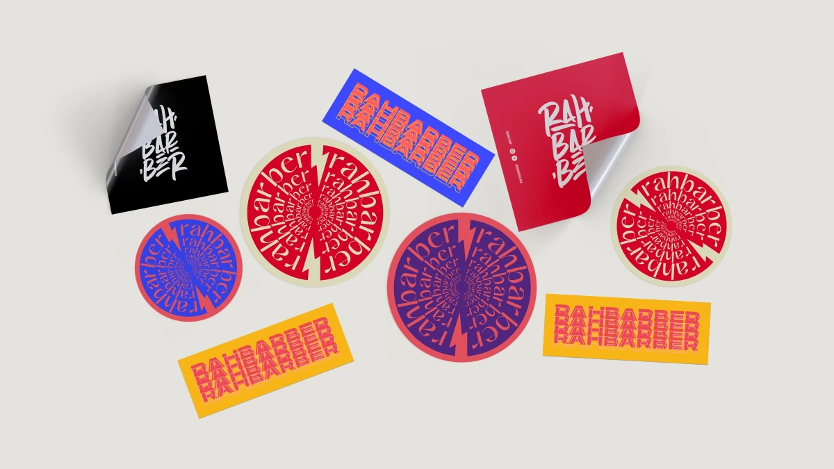 Rahbarber Riga stickers and peel label set in red, blue and yellow