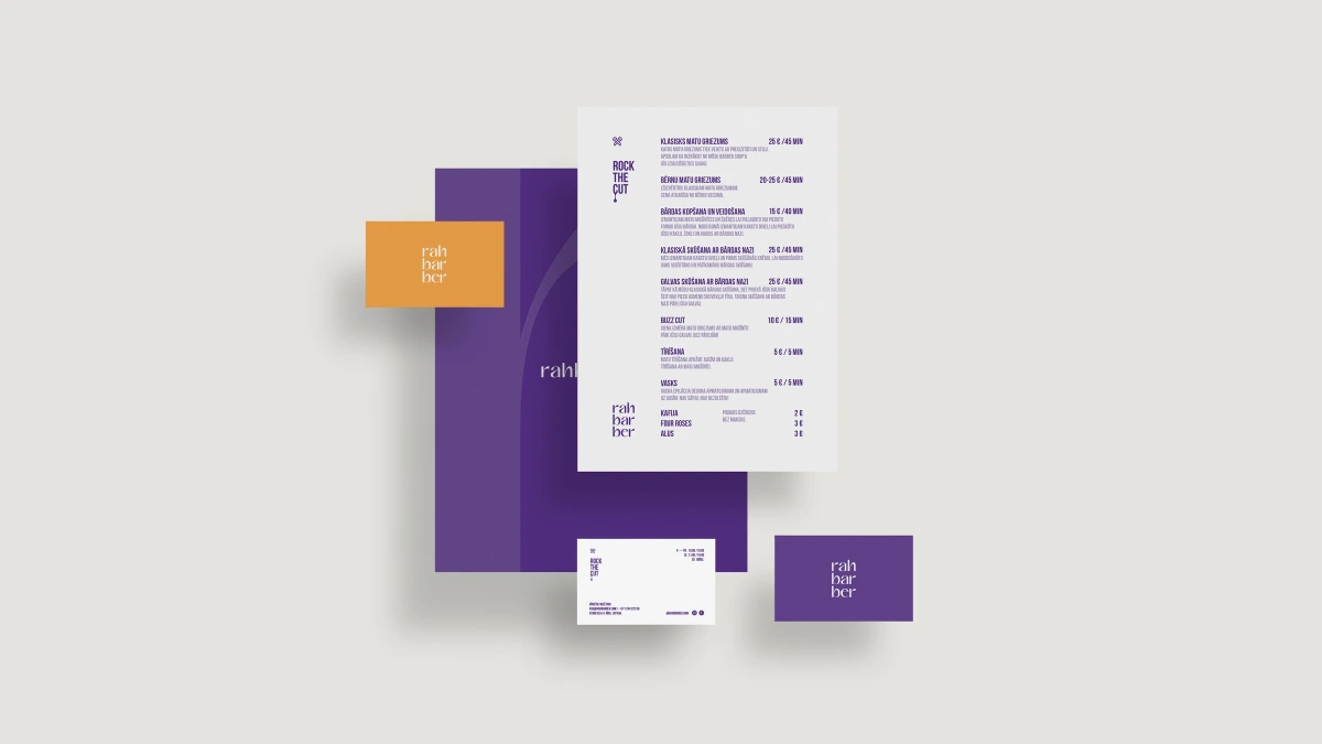 Rahbarber Riga menu, business cards and logo tag in purple and orange
