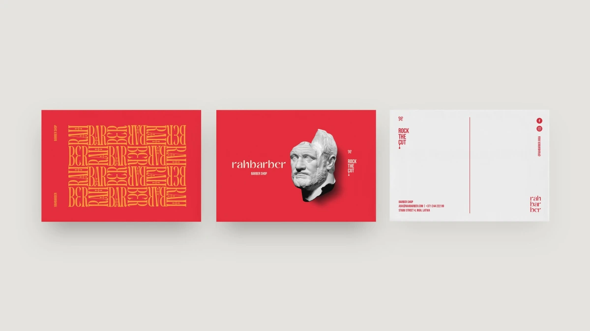 Rahbarber Riga red packaging with barber shop logo and stone bust portrait
