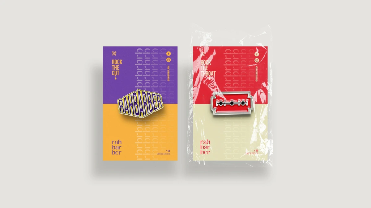 Rahbarber poster and razor blade pin badge in packaging, purple and red