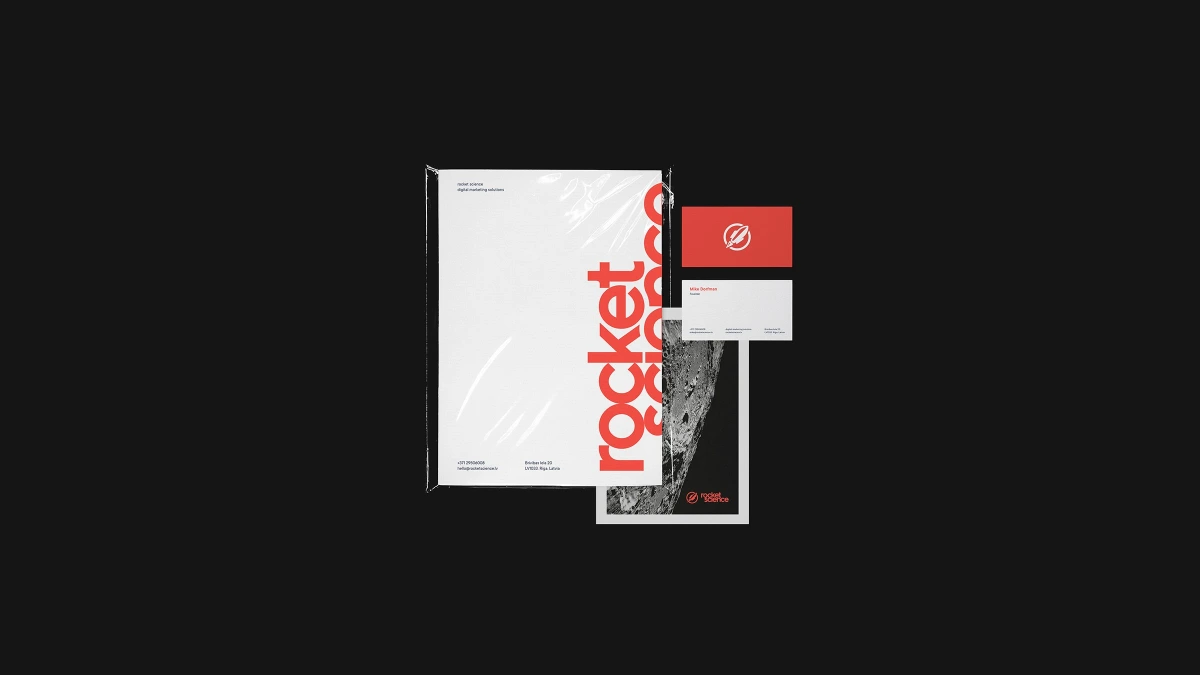 Rocket Science letterhead, business cards and poster mockup on black background