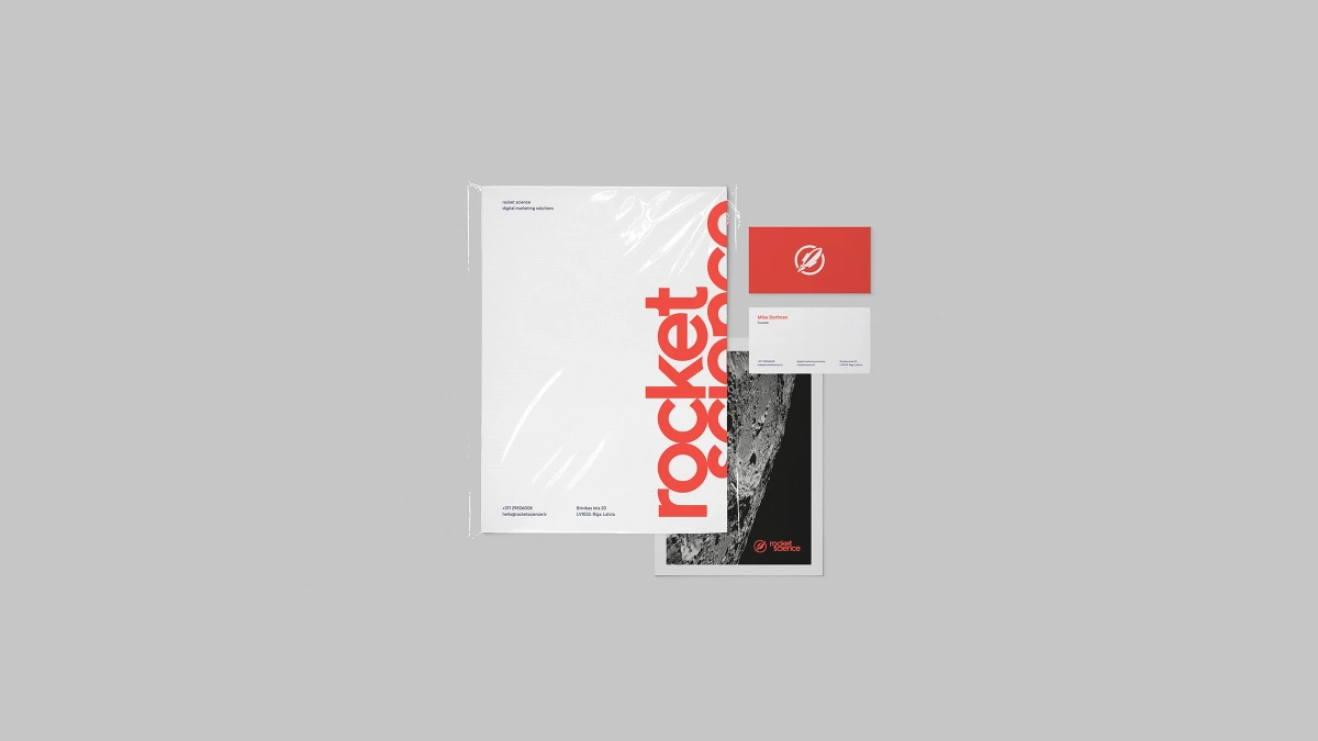 Rocket Science letterhead, business cards and poster mockup on grey background