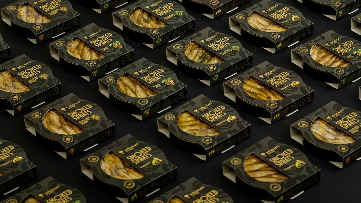 Grid of many Smoked Sprats boxes repeating in diagonal rows