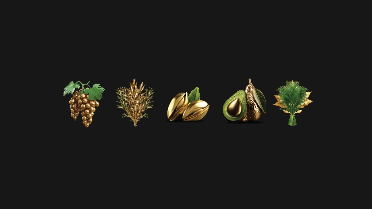 Row of five gold ingredient icons for grapes, rosemary, nuts, avocado and dill