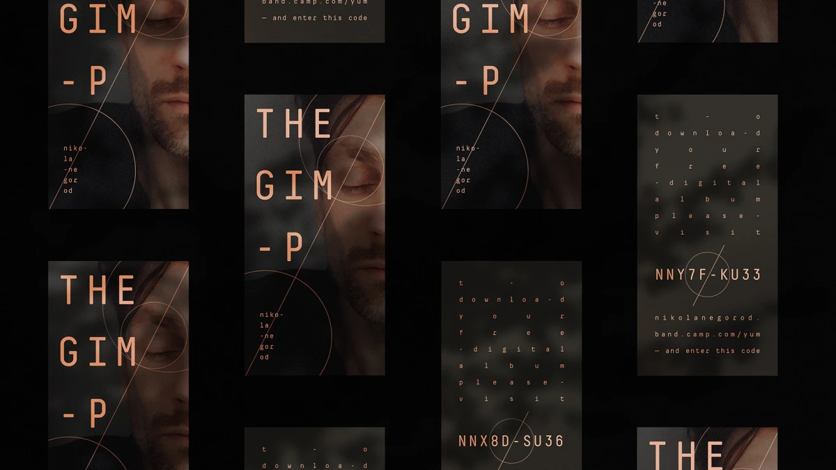 The Gimp download-code cards grid with portrait photo backgrounds