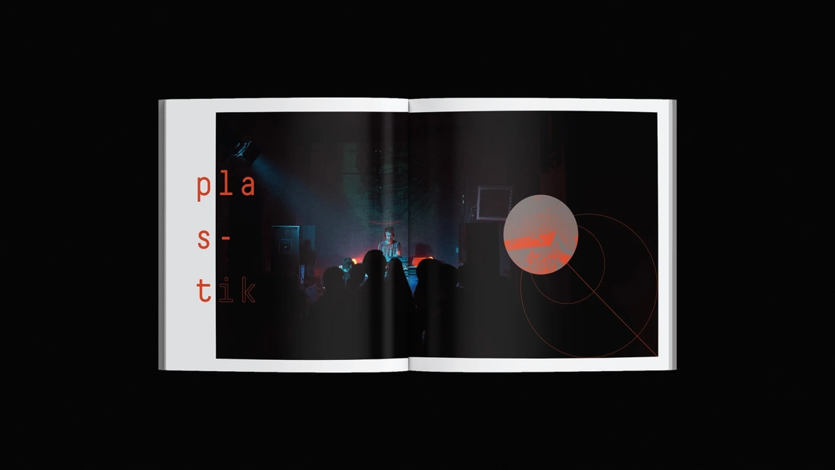 The Gimp book spread, concert stage photo with red circle