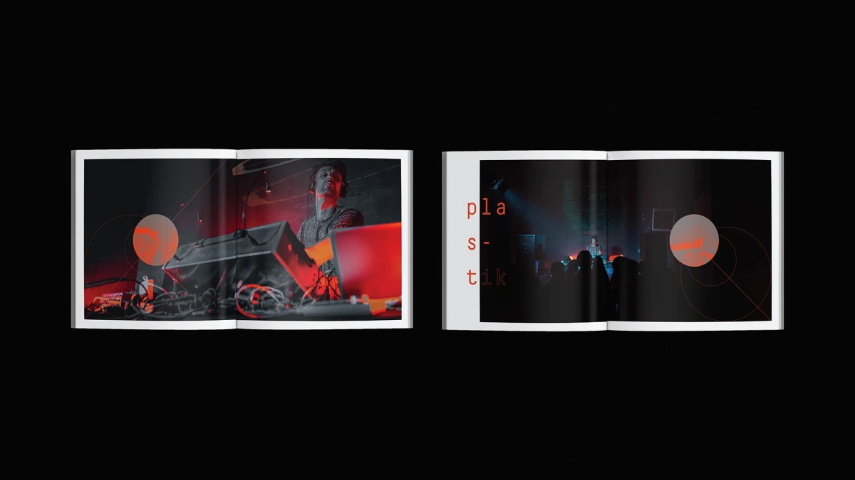 The Gimp two book spreads side by side, studio and concert scenes