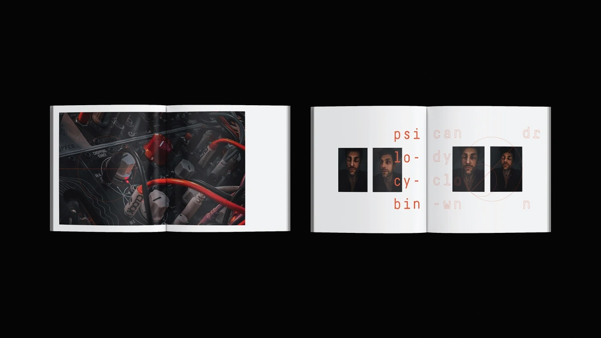 The Gimp book spread, cable close-up beside two portrait photos