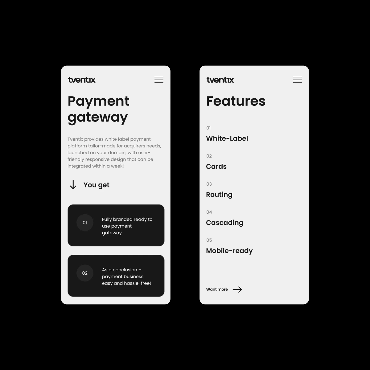 Tventix mobile screens showing Payment gateway page and Features list