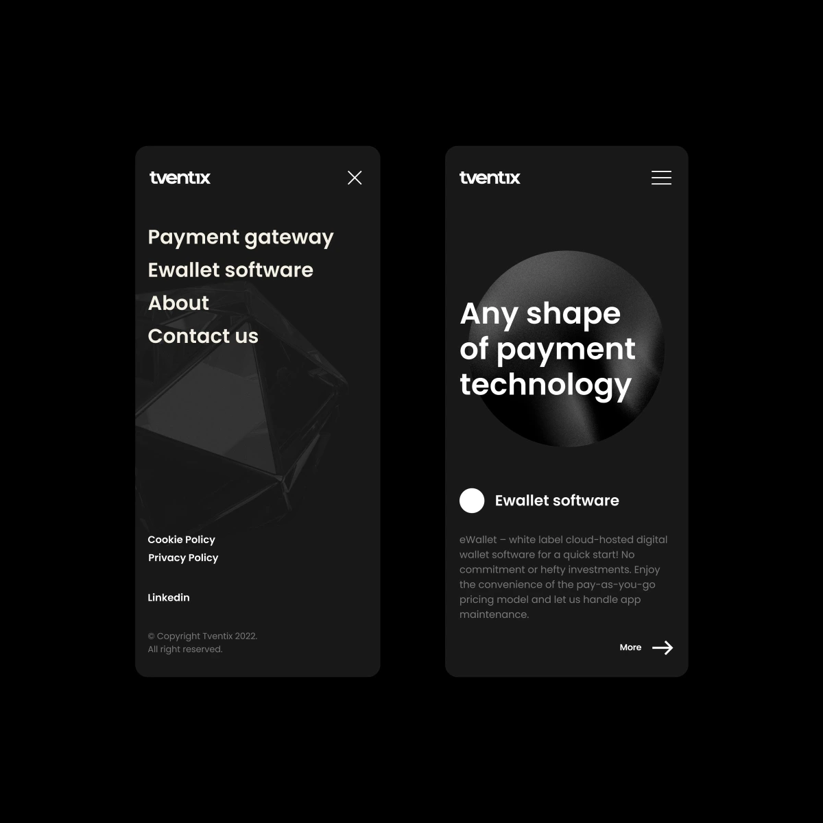 Tventix mobile menu screen and dark Ewallet software landing page