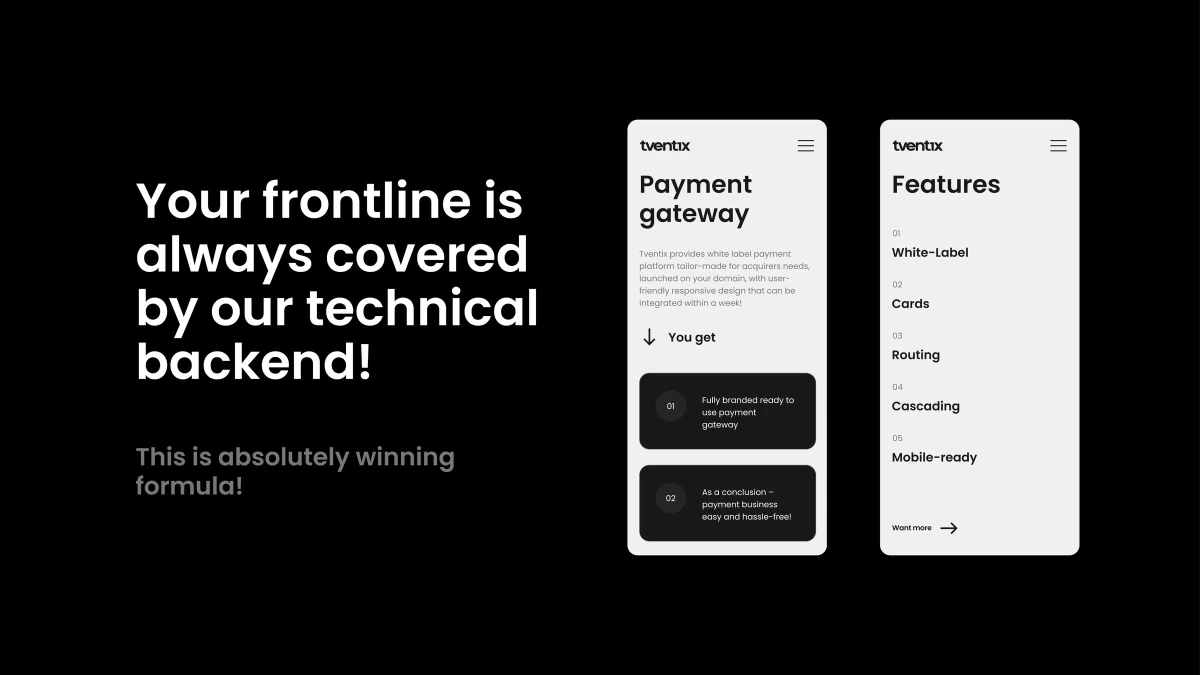 Bold headline text beside Tventix payment gateway and features phone mockups