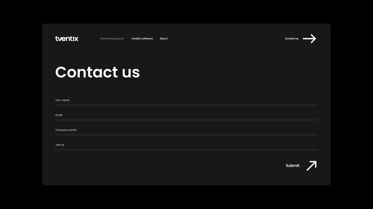 Tventix dark Contact us page with name, email and text fields