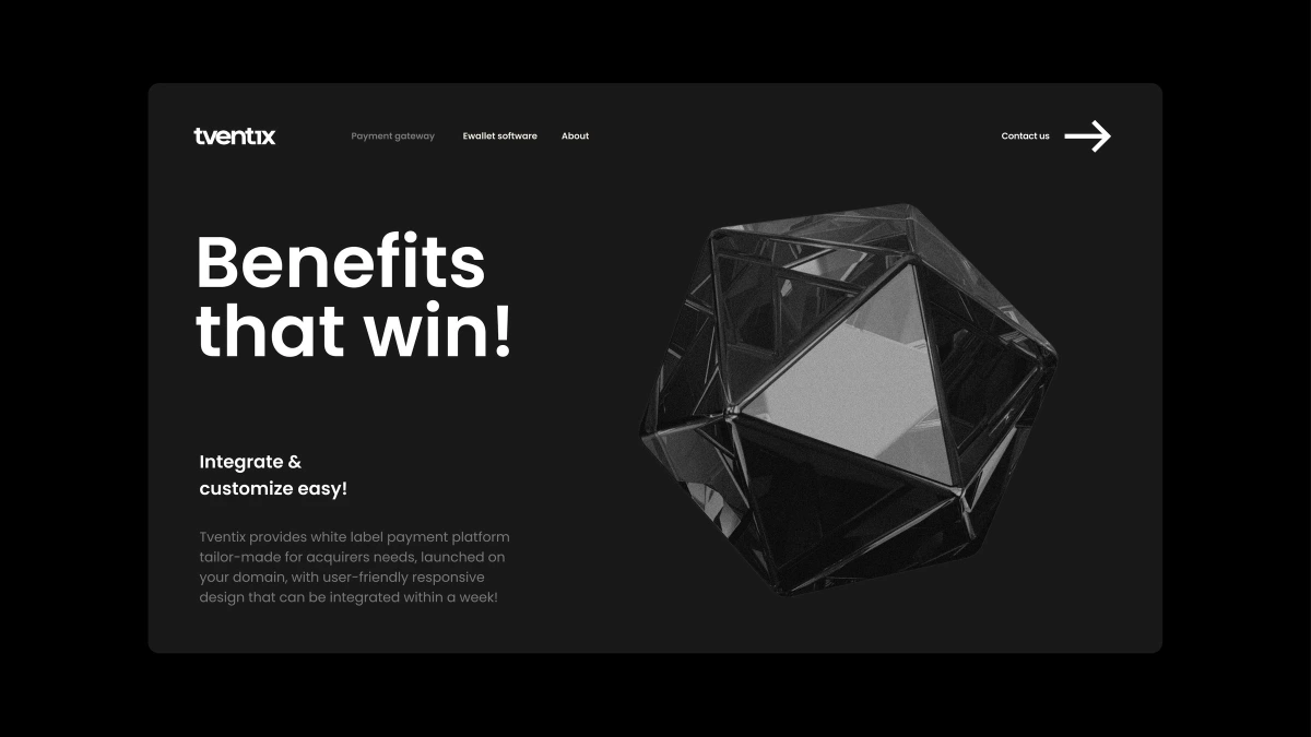 Tventix website benefits section with a faceted 3D glass icon